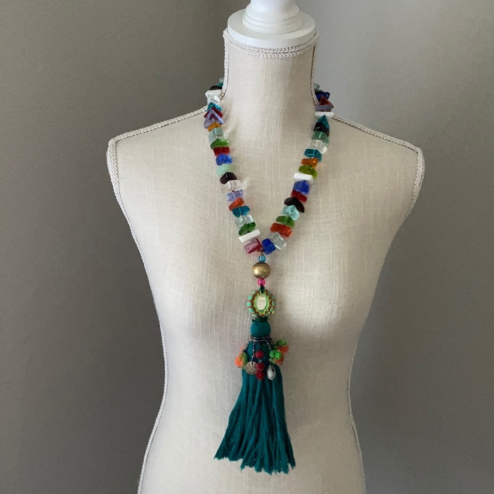 Multi Colored Glass Beads w/Green Tassel Necklace